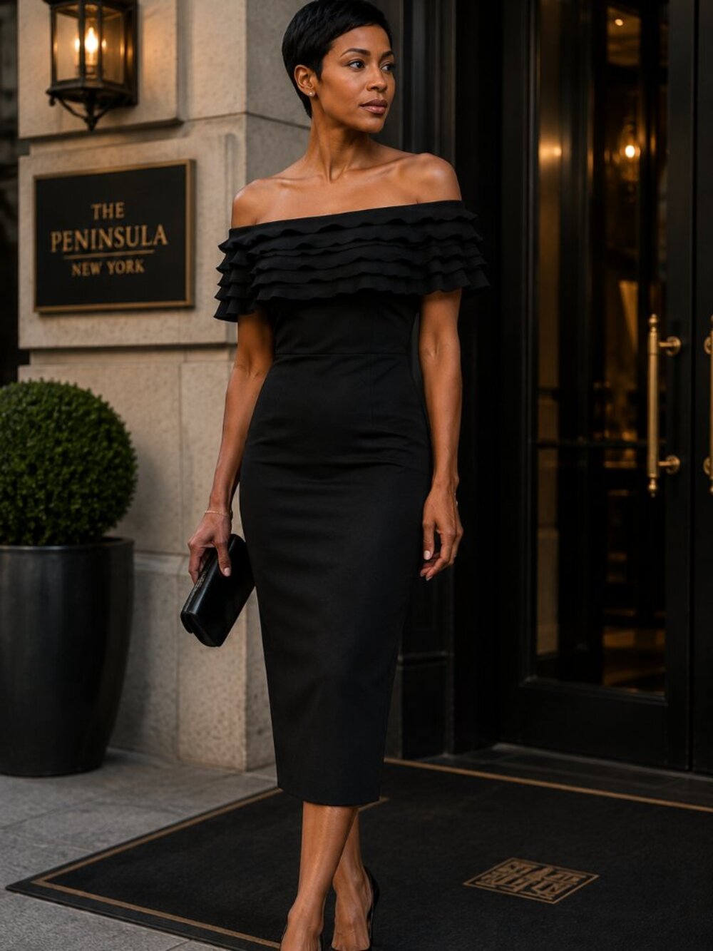 Akris Black Silk Off Shoulder Ruffle Dress Size 8 Swiss Luxury Cocktail Evening